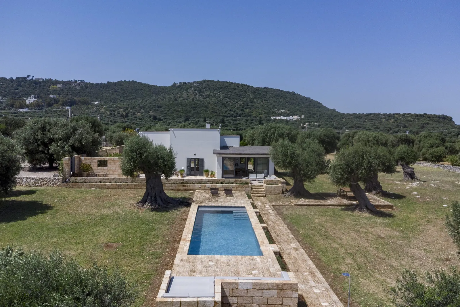 Aerial view of the villa and pool among olive groves and hills
