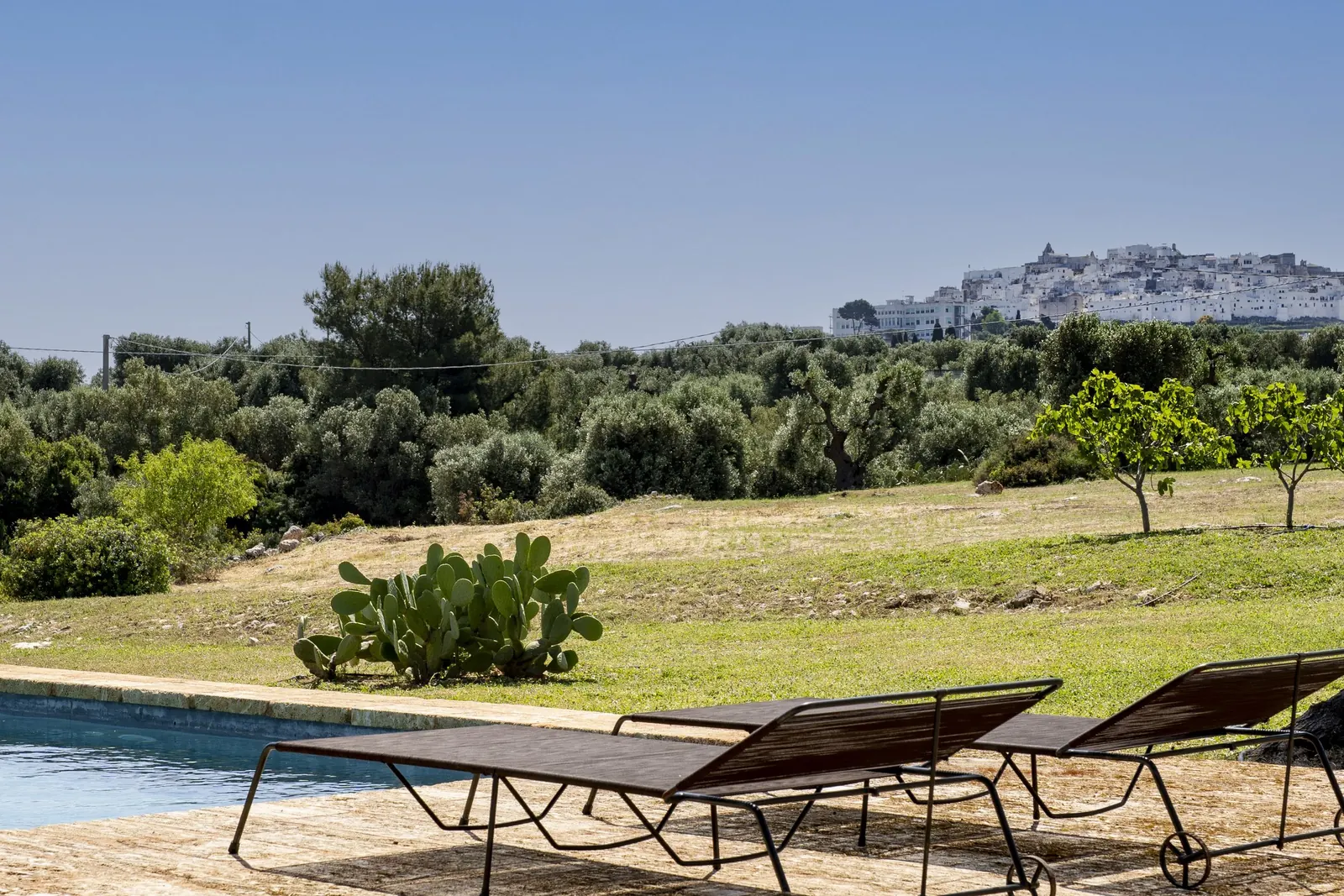 Sunbeds on the lawn looking toward Ostuni