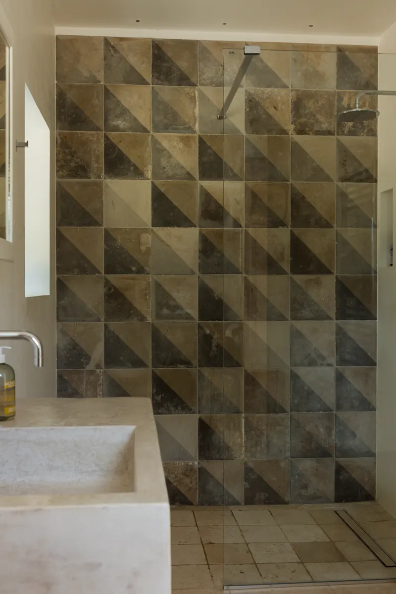 Bathroom with a patterned tiled shower